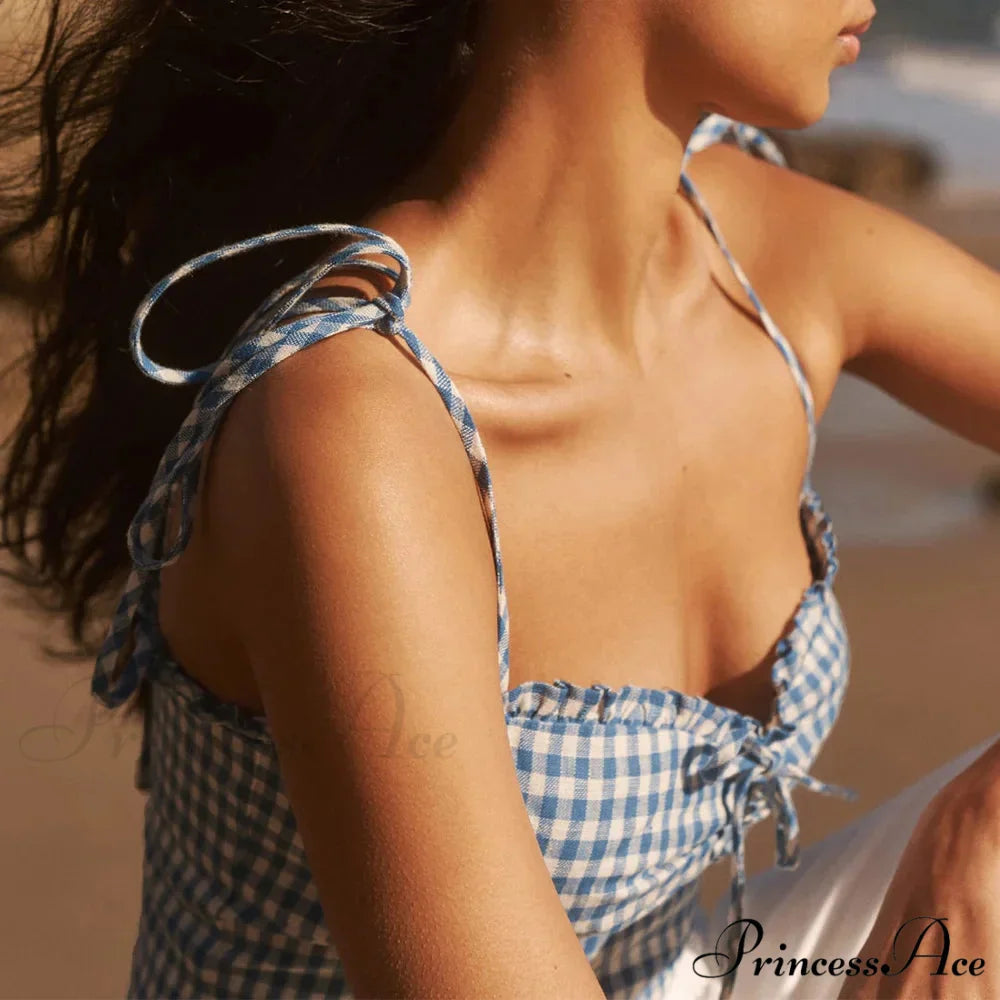 Fabric Check Sweetheart Bow Tie Frill Spaghetti Strap Crop BLUE / S croptop-250126