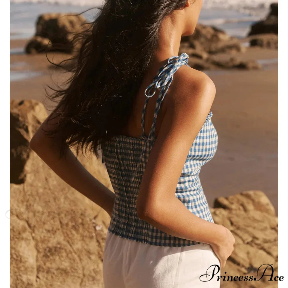 Fabric Check Sweetheart Bow Tie Frill Spaghetti Strap Crop croptop-250126