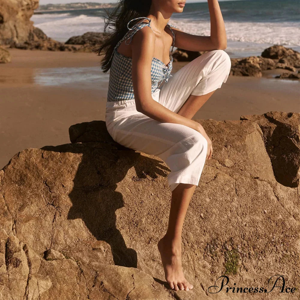 Fabric Check Sweetheart Bow Tie Frill Spaghetti Strap Crop croptop-250126