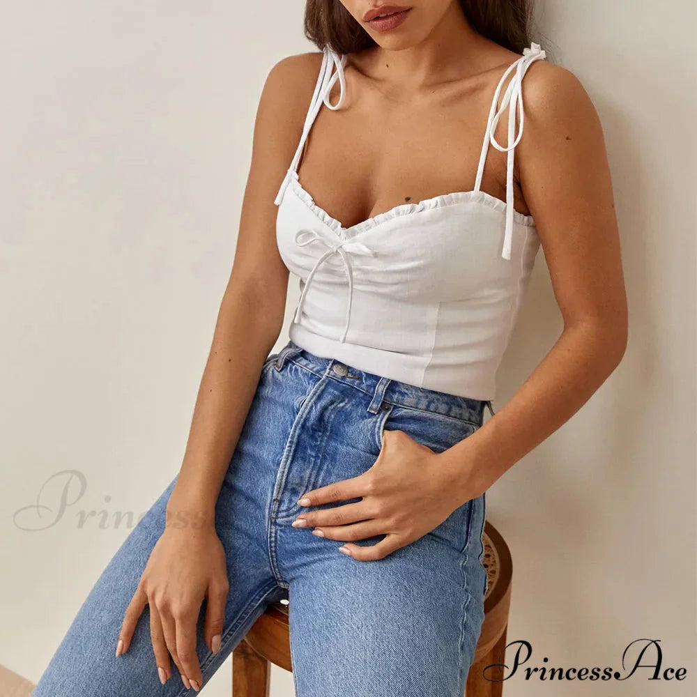 Fabric Check Sweetheart Bow Tie Frill Spaghetti Strap Crop WHITE / S croptop-250126