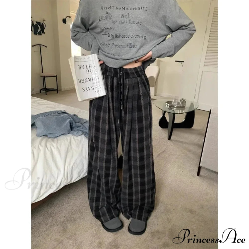 Fabric Checkered Retro Cold-Weather Trousers black / S pants-241228