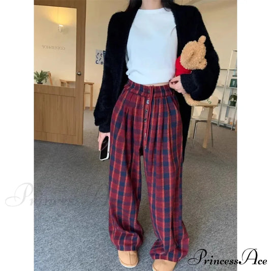 Fabric Checkered Retro Cold-Weather Trousers Red / S pants-241228