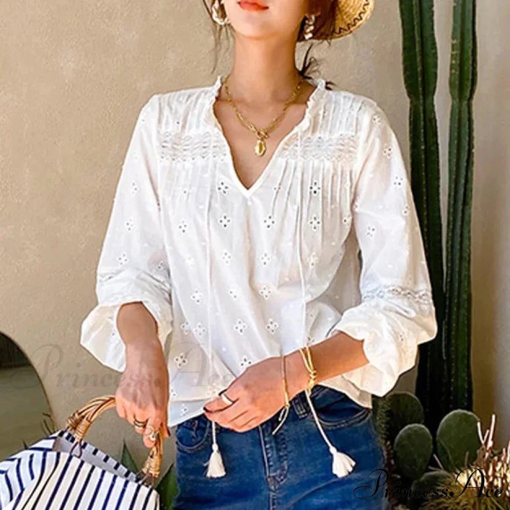 Fabric Flower Stitching Ivory Lace V-Neck Bohemian Top bohoblouse-250126