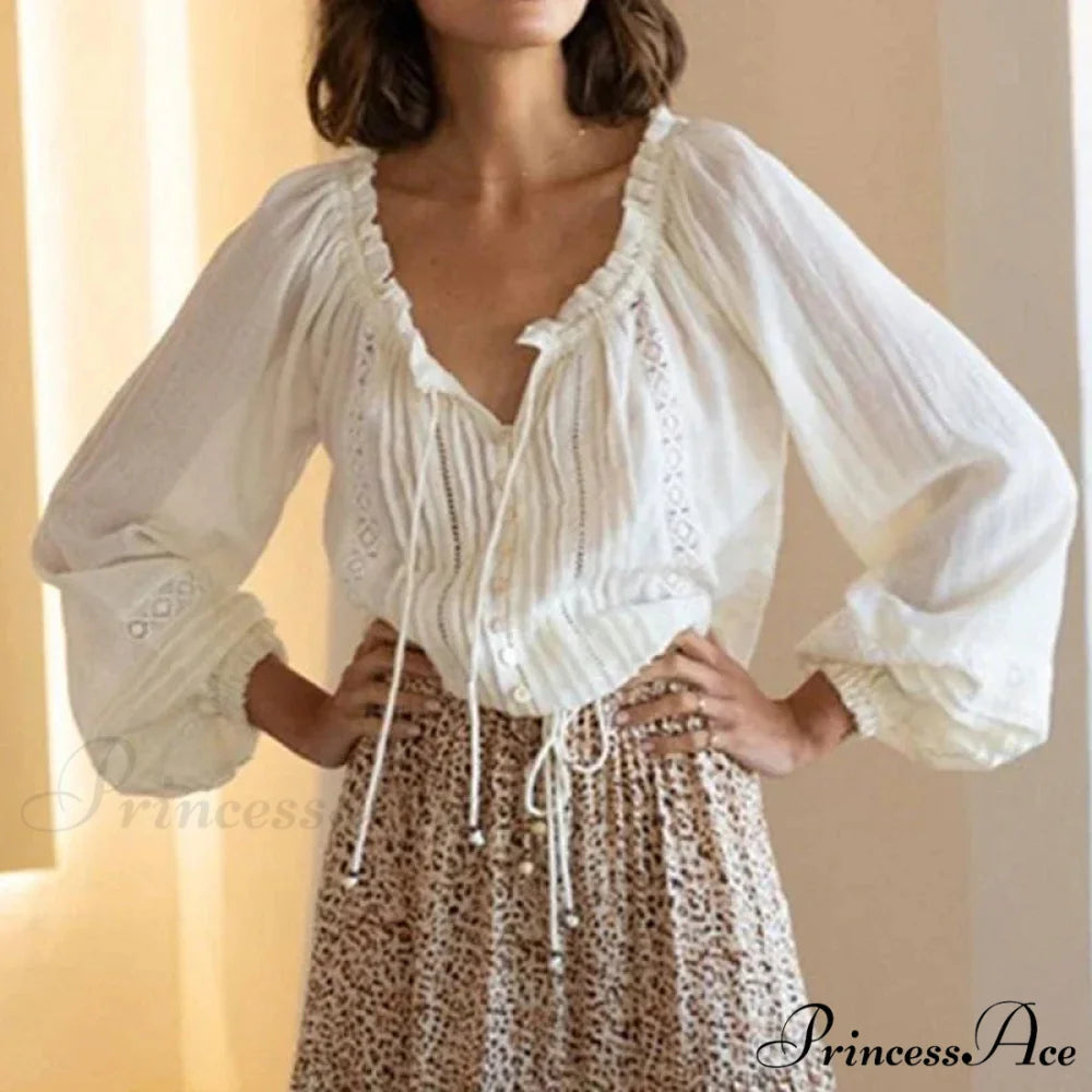 Fabric Flower Stitching Ivory Lace V-Neck Bohemian Top WHITE2 / S bohoblouse-250126