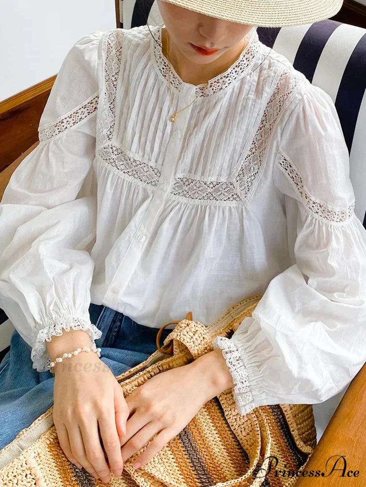 Fabric Flower Stitching Ivory Lace V-Neck Bohemian Top WHITE3 / S bohoblouse-250126