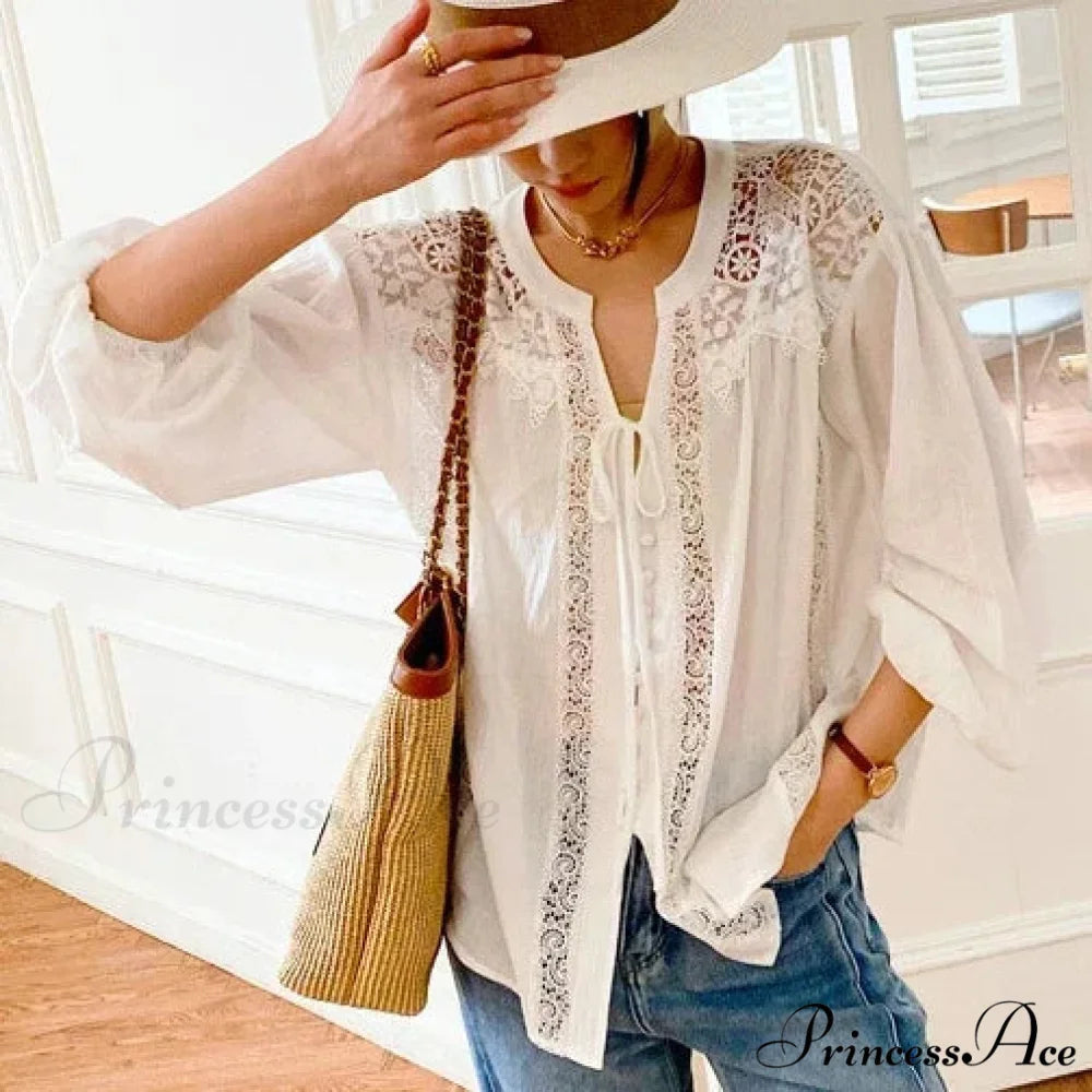 Fabric Flower Stitching Ivory Lace V-Neck Bohemian Top WHITE5 / S bohoblouse-250126