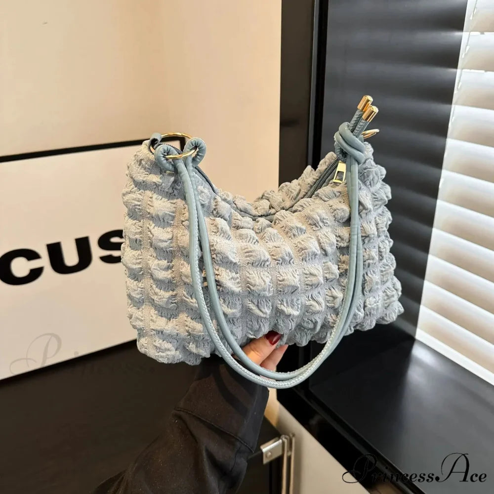 Fabric Folded Shoulder Padded Tote Bag Blue shoulder-250126