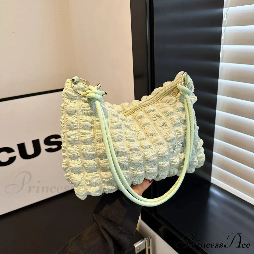 Fabric Folded Shoulder Padded Tote Bag Green shoulder-250126