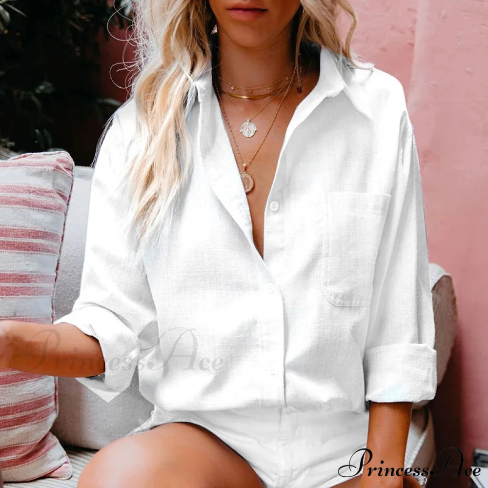 Fabric Linen Extended Sleeve Button-up Workplace Blouse WHITE / S blouse-250126