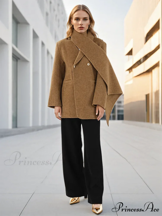 Fabric Scarf Collar Dual-Buttoned Overcoat Khaki / S overcoats-241228