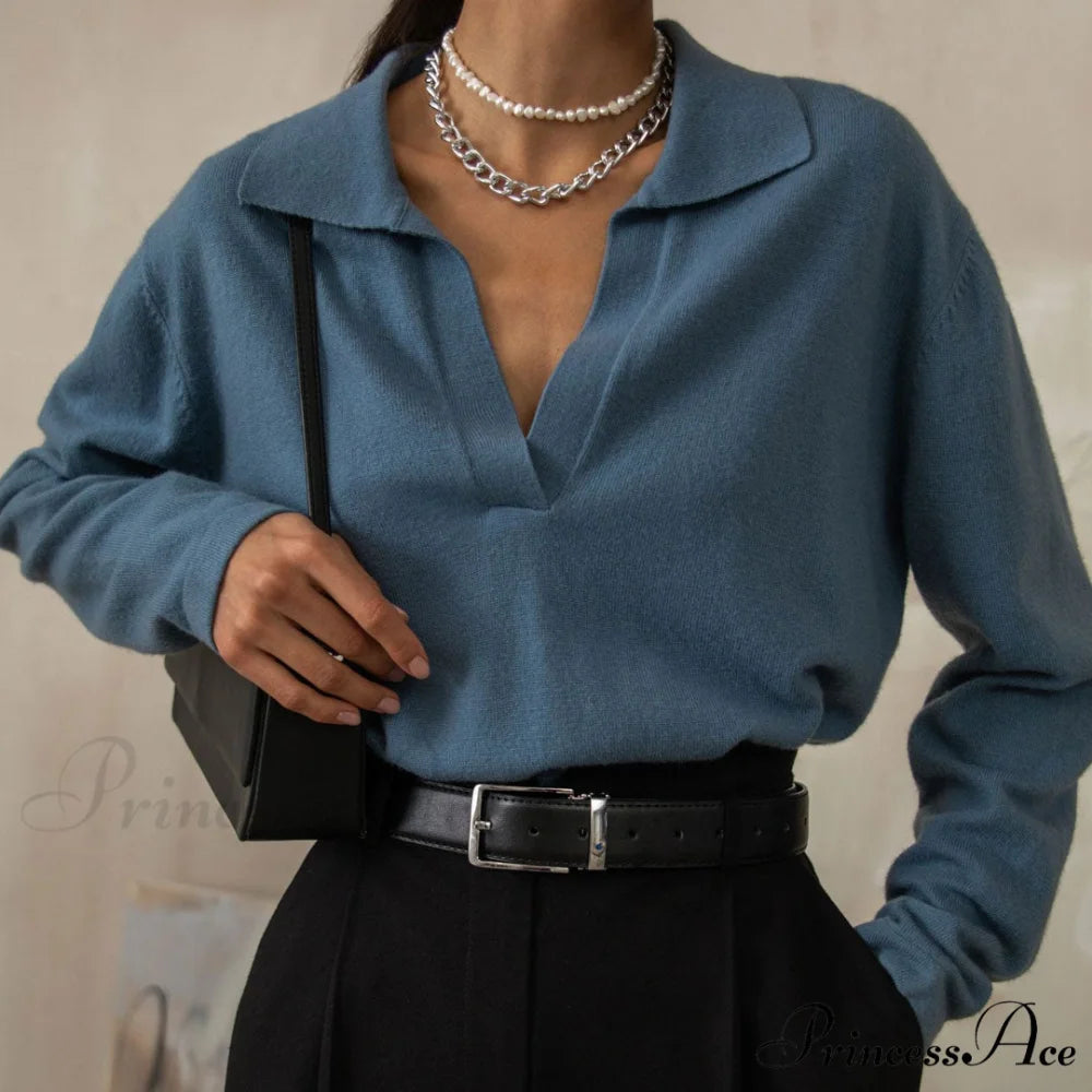 Fabulous Solid Color V Neck Classic Long Sleeve Sweater - Apricot L / Blue