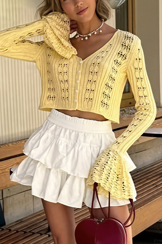 Openwork Flare Sleeve Cropped Cardigan