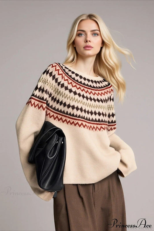Fair Isle Loose Crewneck Plus Size Knit Sweater