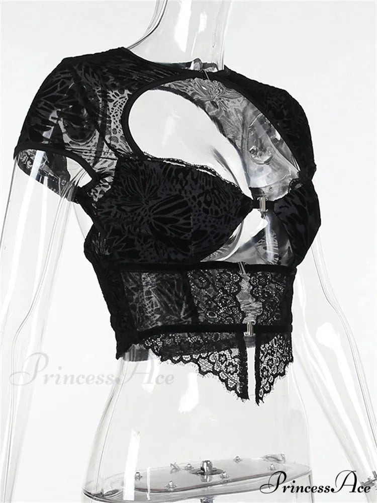 Fairycore Grunge Lace Backless Hollow Out Short Sleeve T-Shirts