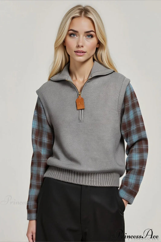 Fake Two Piece Plaid Contrast Half Zip Collared Sweater