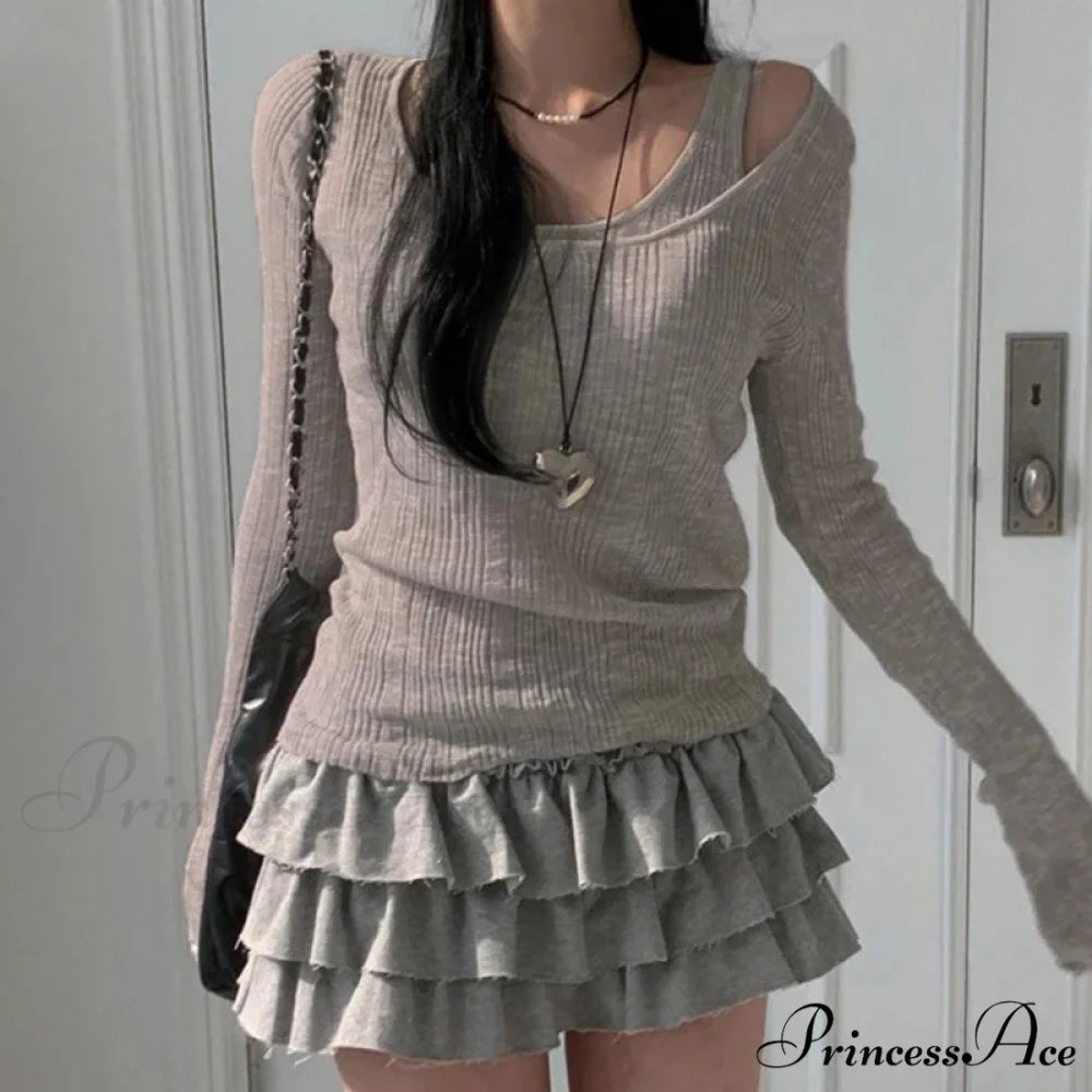 Fall Basic Informal Retro Extended Sleeve Knit Top GRAY / One Size knittop-250126