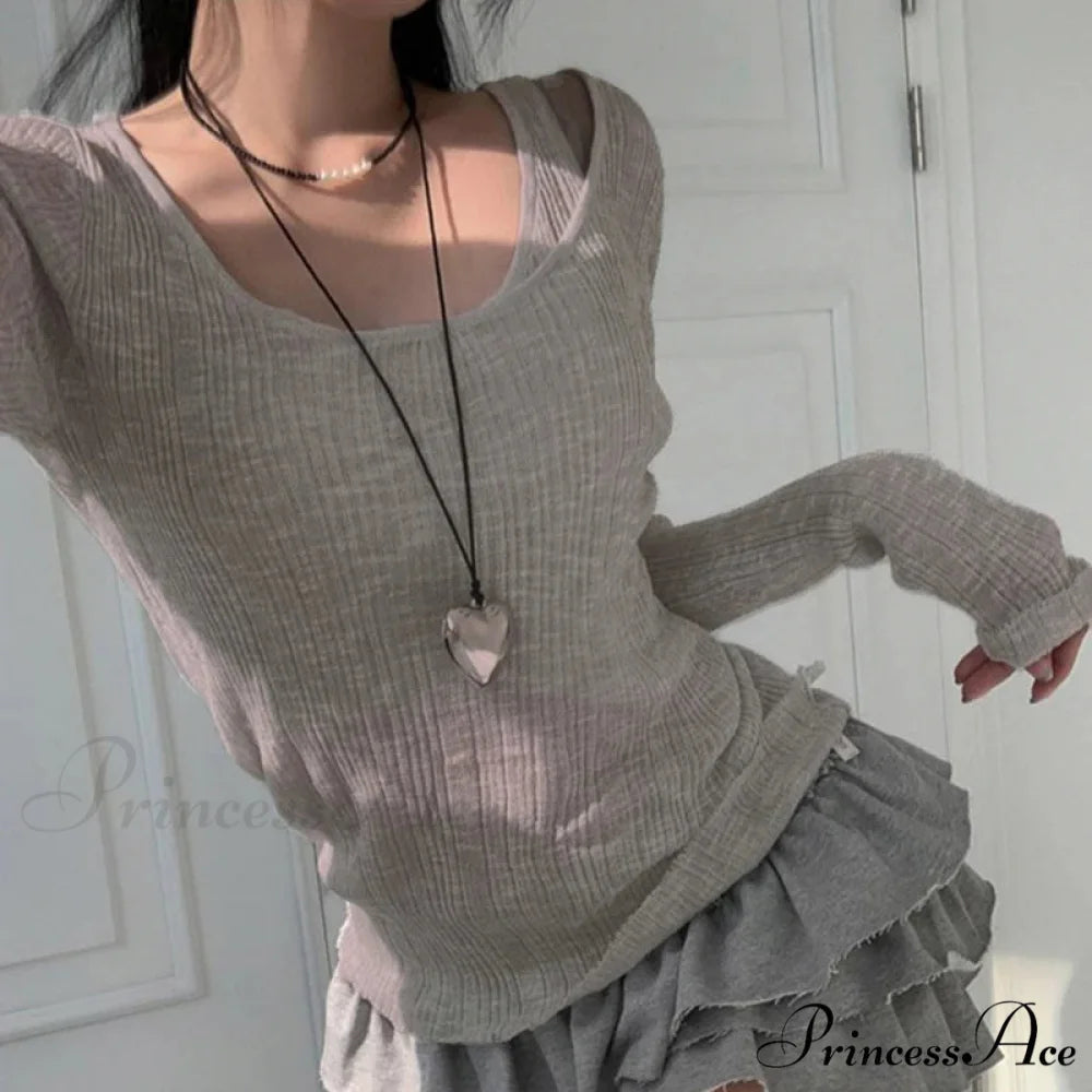 Fall Basic Informal Retro Extended Sleeve Knit Top GRAY / One Size knittop-250126