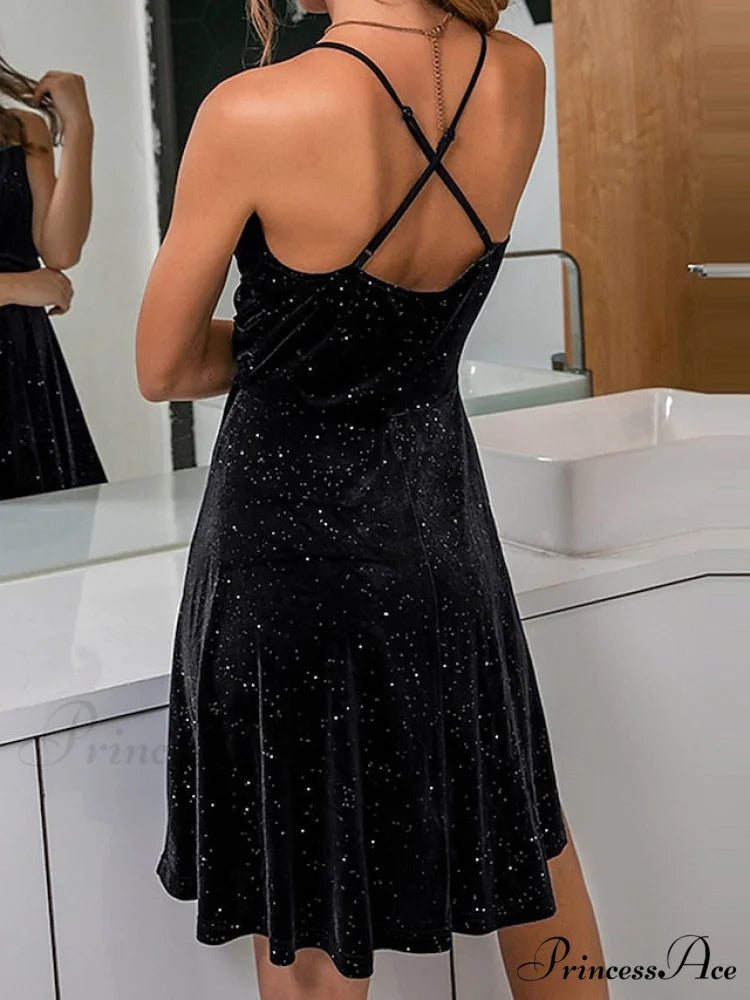 Fall Comfort Fashion Breathable Black Polyester Women’s Street Loungewear Color Pure Halter Nightgown Winter Party