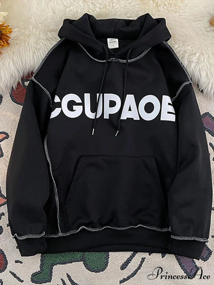 Fall Correspondence Print Baggy Fleece Hoodie Black / M(40-50KG) hoodies-241228