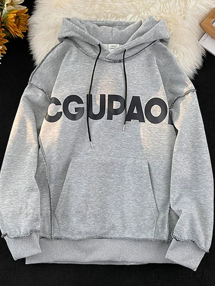 Fall Correspondence Print Baggy Fleece Hoodie GRAY / M(40-50KG) hoodies-241228