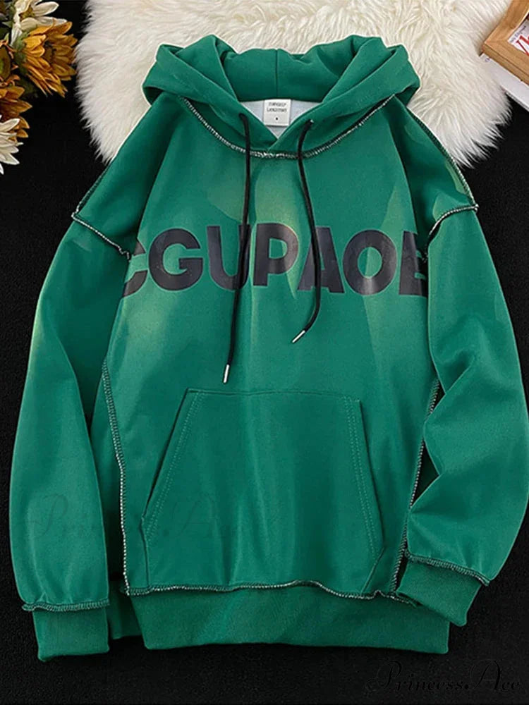 Fall Correspondence Print Baggy Fleece Hoodie Green / M(40-50KG) hoodies-241228