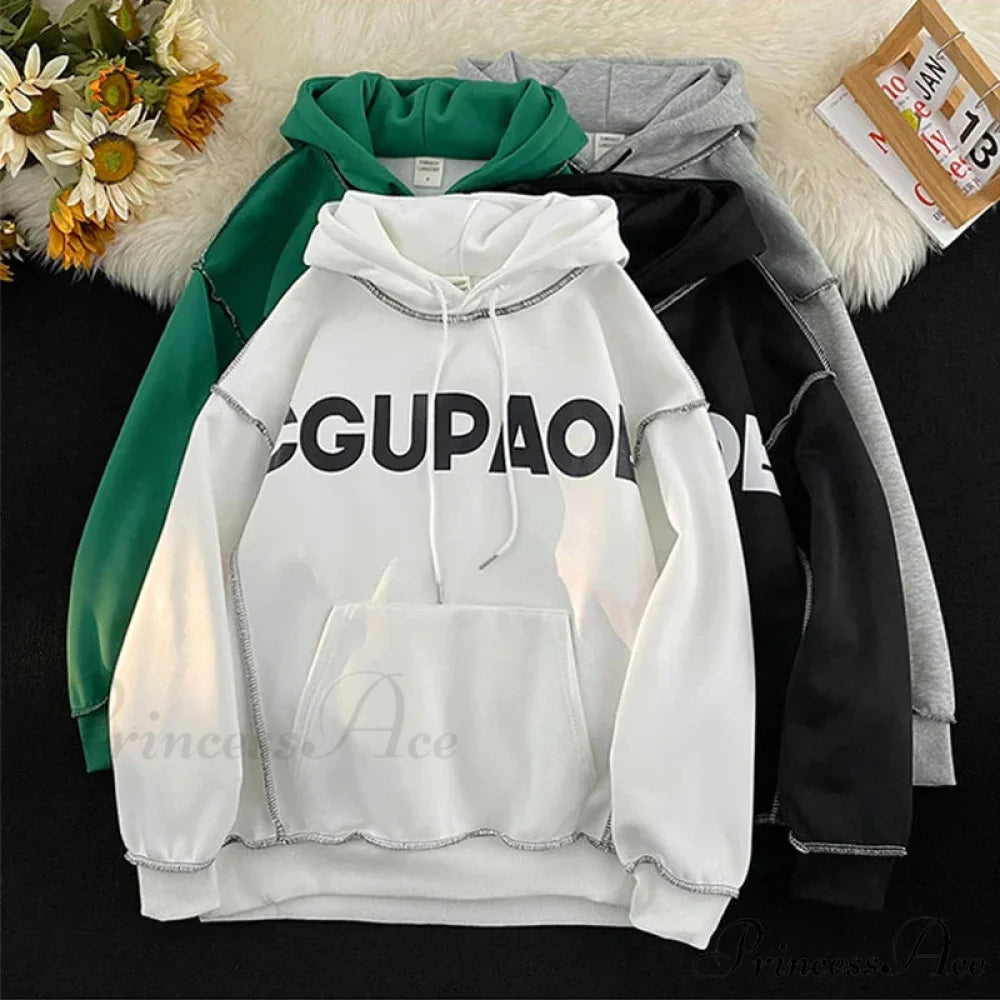 Fall Correspondence Print Baggy Fleece Hoodie hoodies-241228