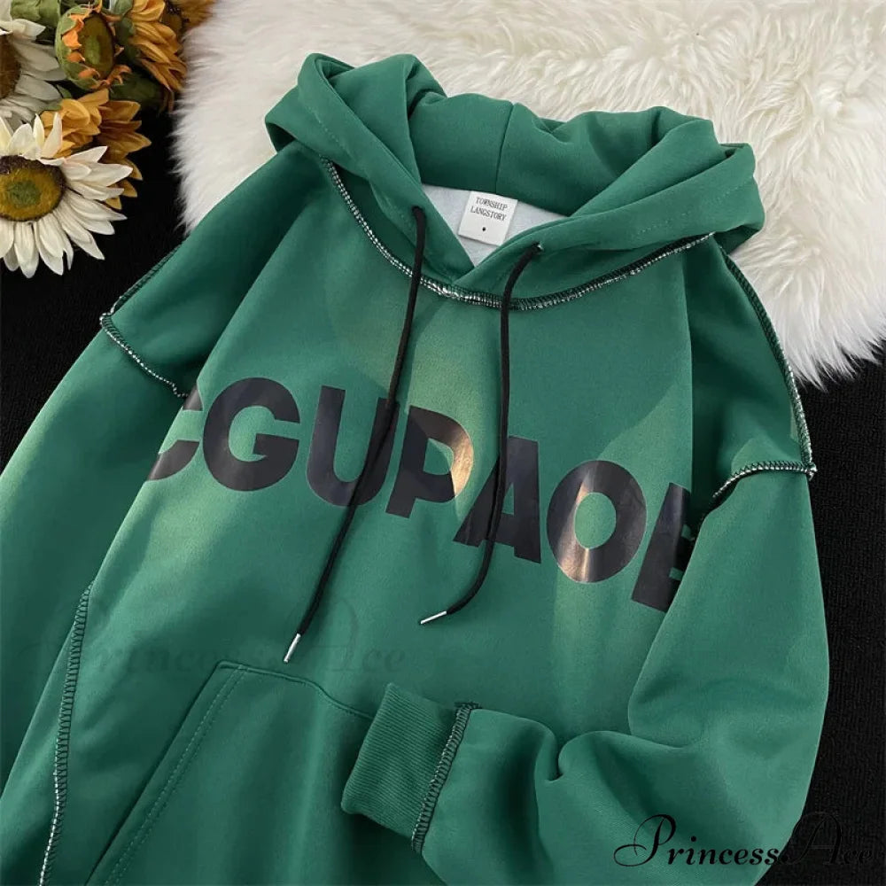 Fall Correspondence Print Baggy Fleece Hoodie hoodies-241228