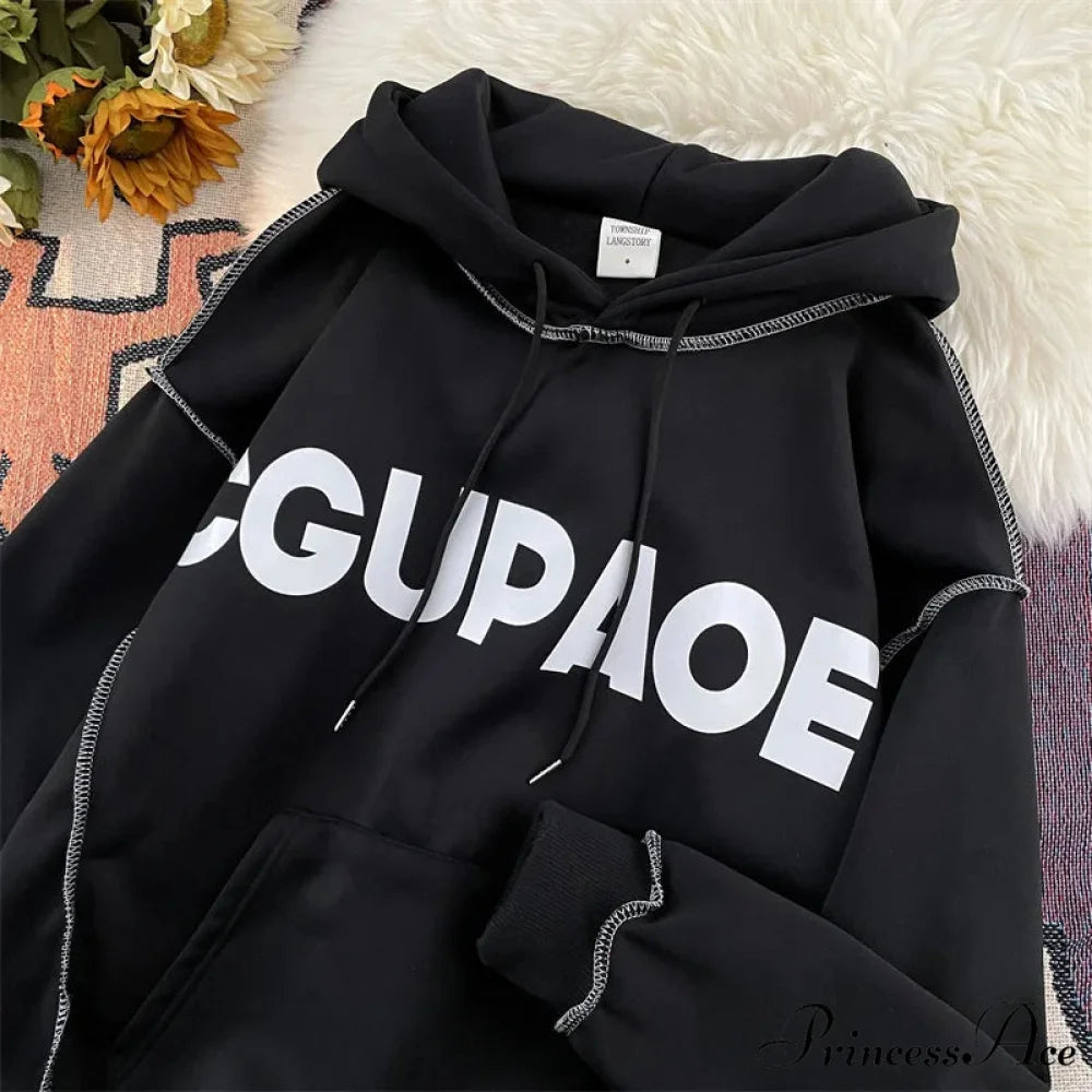 Fall Correspondence Print Baggy Fleece Hoodie hoodies-241228