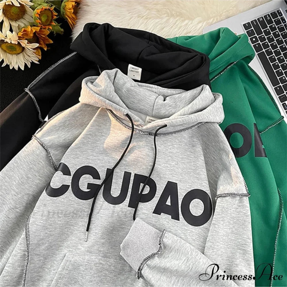 Fall Correspondence Print Baggy Fleece Hoodie hoodies-241228