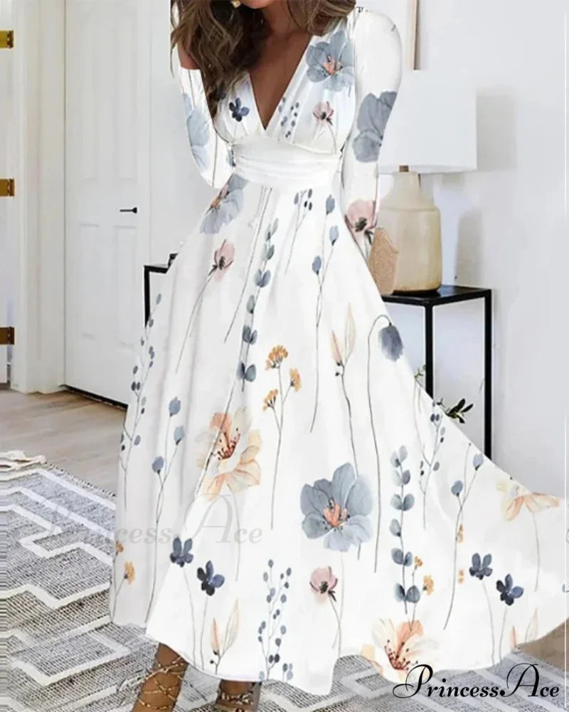 Fall Deep V-neck Blossom Pattern Long Floral Dress GRAY / S oldfloraldress-250126