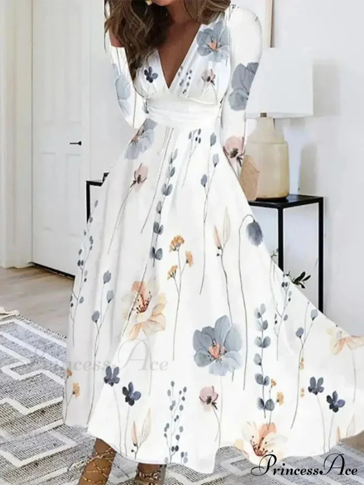 Fall Deep V-neck Blossom Pattern Long Floral Dress oldfloraldress-250126