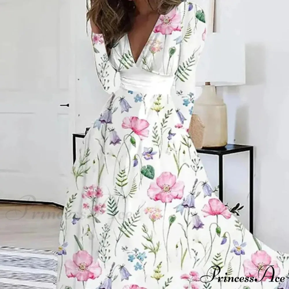 Fall Deep V-neck Blossom Pattern Long Floral Dress oldfloraldress-250126