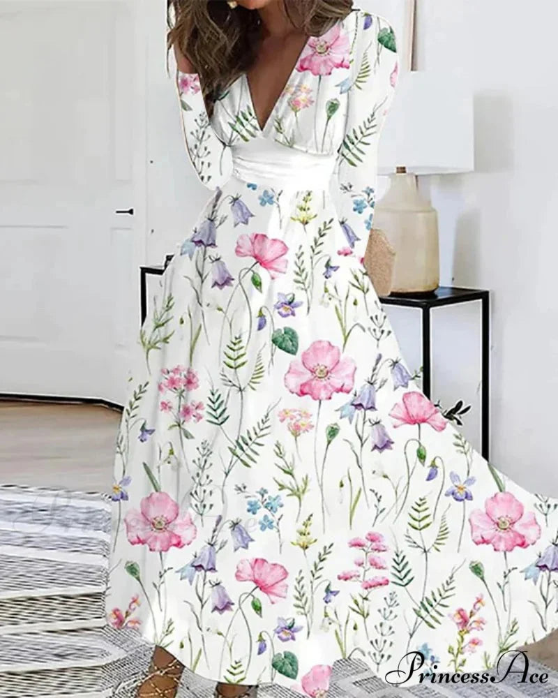 Fall Deep V-neck Blossom Pattern Long Floral Dress Pink / S oldfloraldress-250126