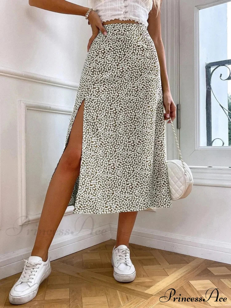 Fall European American Flowered Half Skirt A-line Wrap Hip Long Light Brown / S skirt-250126