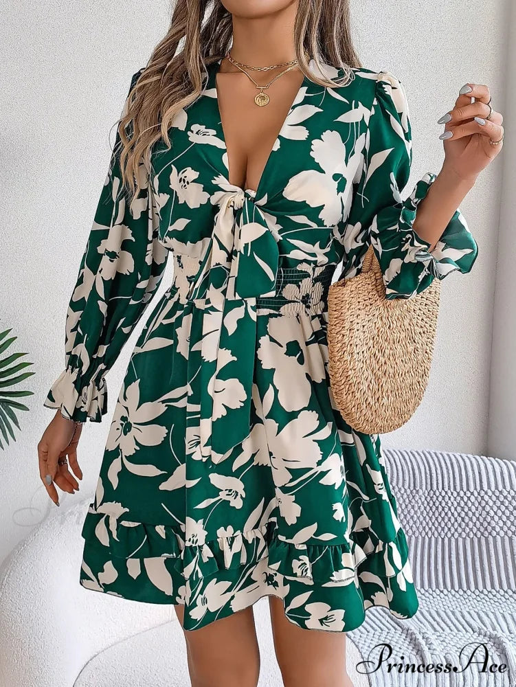 Fall Flounced Sleeve Flowered Dress Green / S oldfloraldress-250126