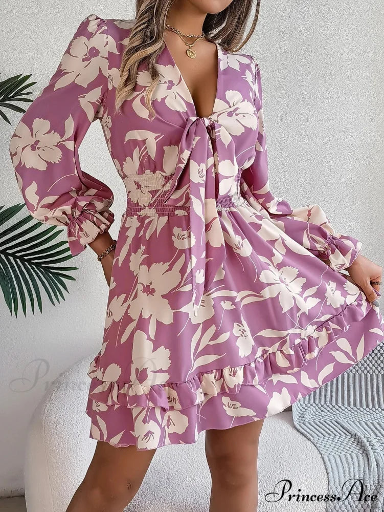 Fall Flounced Sleeve Flowered Dress Purple / S oldfloraldress-250126