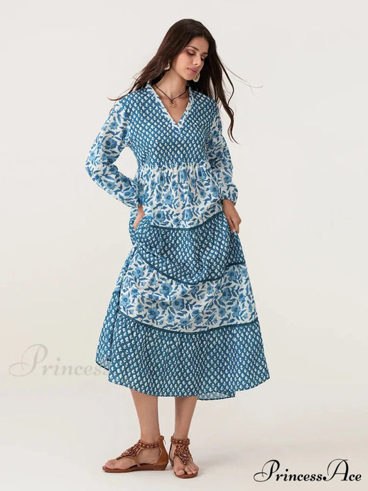 Fall Flower Long Sleeve V-Neck Loose A-Line Flower Dress Blue / S floraldress-250126