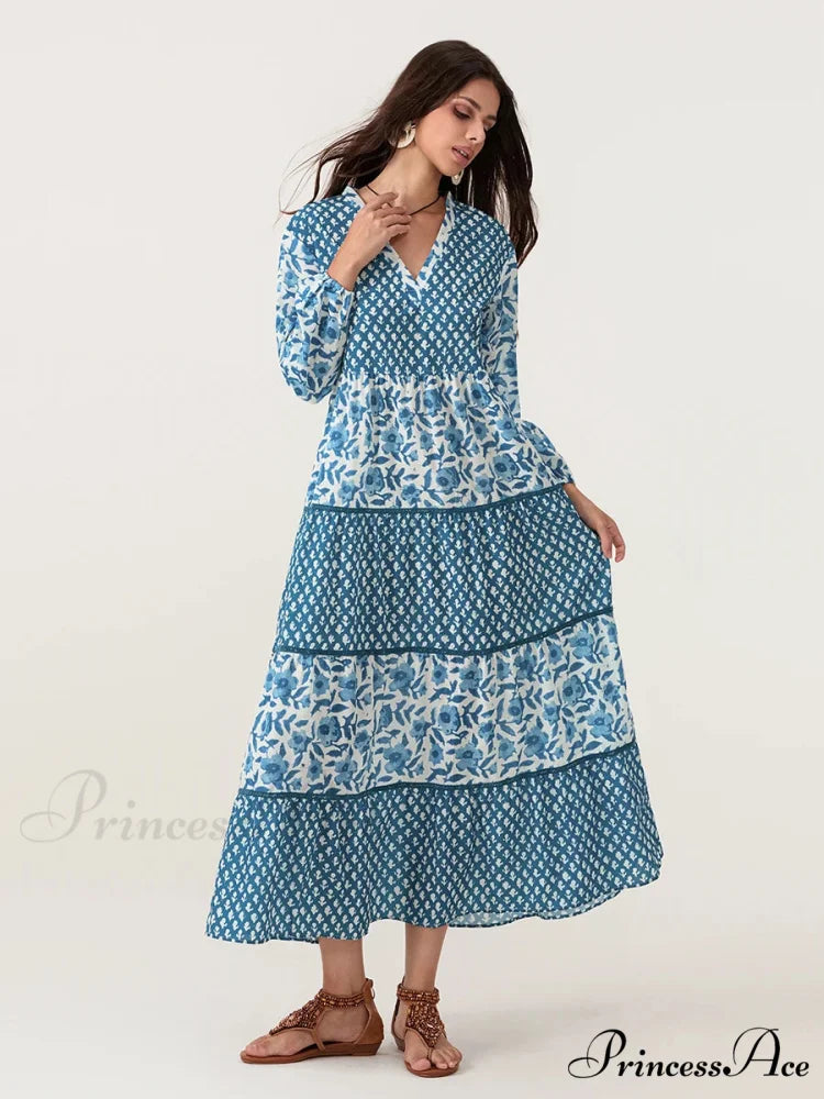 Fall Flower Long Sleeve V-Neck Loose A-Line Flower Dress floraldress-250126