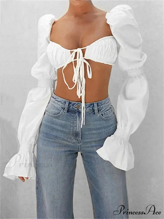 Fall Fluffy Long Sleeve Square Neck Tie-up Blouse blouse-250126