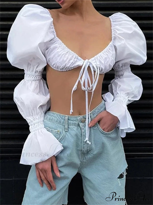 Fall Fluffy Long Sleeve Square Neck Tie-up Blouse WHITE / S blouse-250126