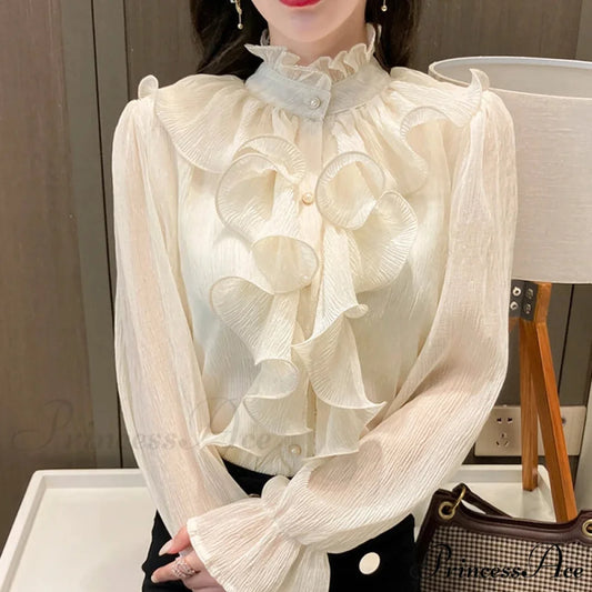 Fall Frilled Lace Chiffon High Neck Blouse APRICOT / S blouse-250126