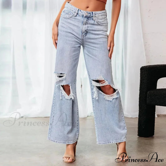 Fall High Waist Ripped New Blue Streetwear Casual Wide Leg Baggy Trendy Fashionable Denim Jean Blue / S
