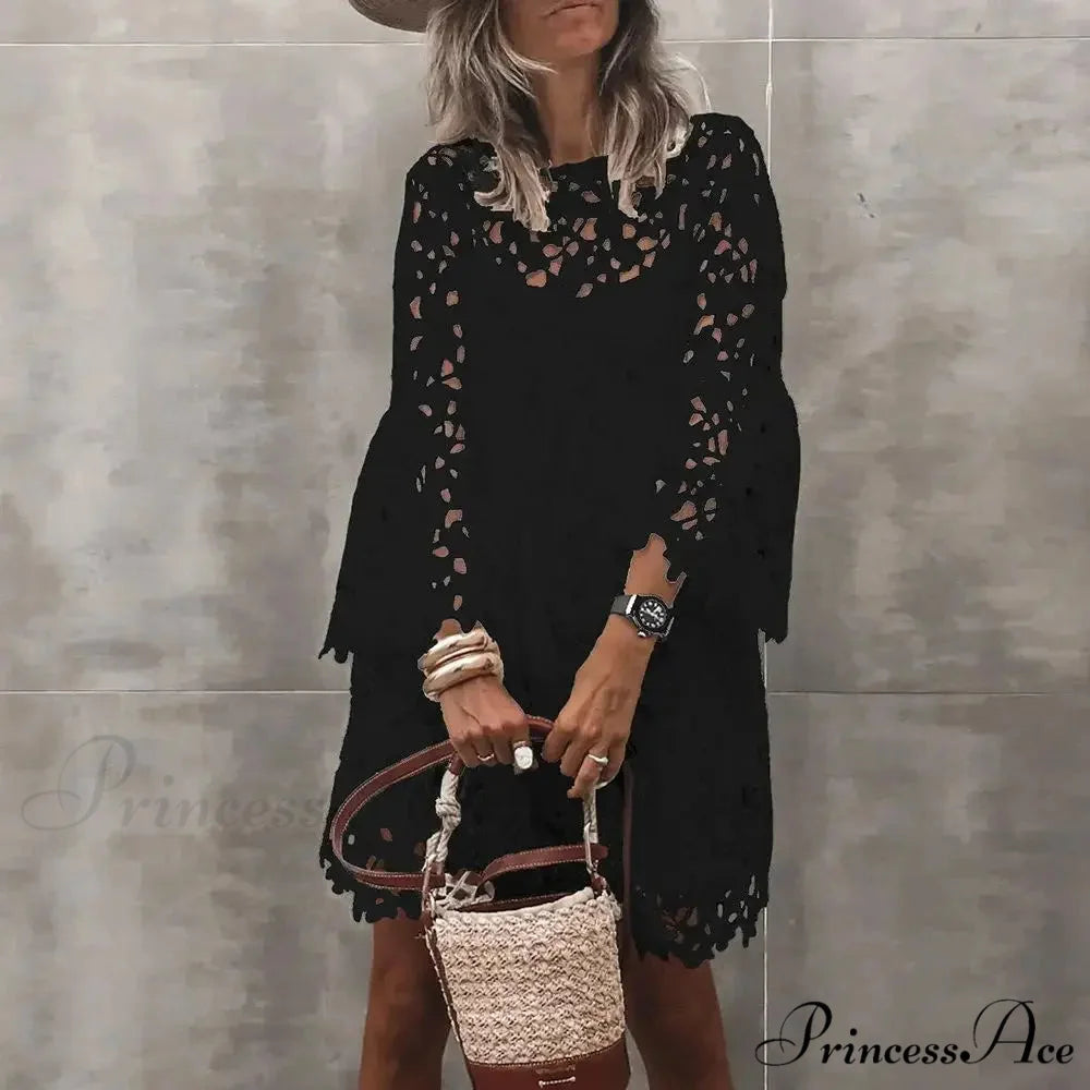 Fall Monochrome Lace Hollow Botanical Informal Botanical Dress Black / S oldfloraldress-250126