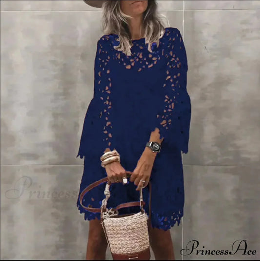 Fall Monochrome Lace Hollow Botanical Informal Botanical Dress Navy blue / S oldfloraldress-250126