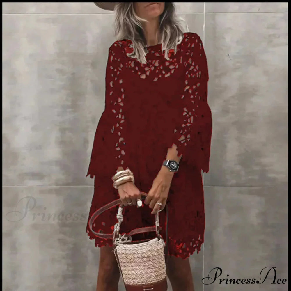 Fall Monochrome Lace Hollow Botanical Informal Botanical Dress wine red / S oldfloraldress-250126