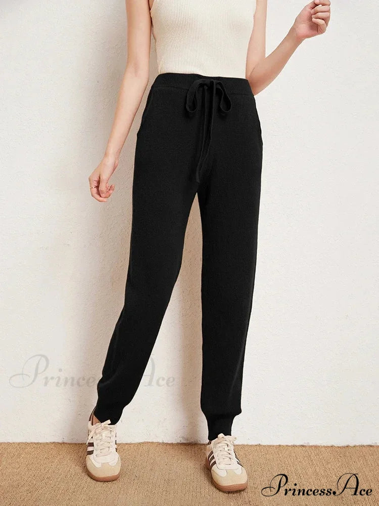 Fall New Solid Wide Pit Stripe Casual Knitted Wide-Legged Streetwear Pants Black / M