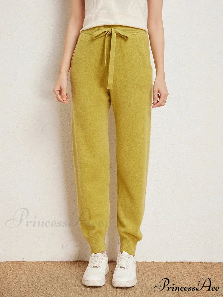 Fall New Solid Wide Pit Stripe Casual Knitted Wide-Legged Streetwear Pants Yellow / M