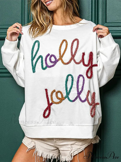 Fall Sequin Letter Pattern Long Sleeve Round Neck Loose Christmas Hoodie Christmas Hoodies-L
