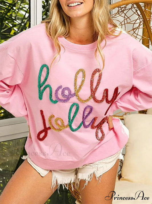 Fall Sequin Letter Pattern Long Sleeve Round Neck Loose Christmas Hoodie Christmas Hoodies-L