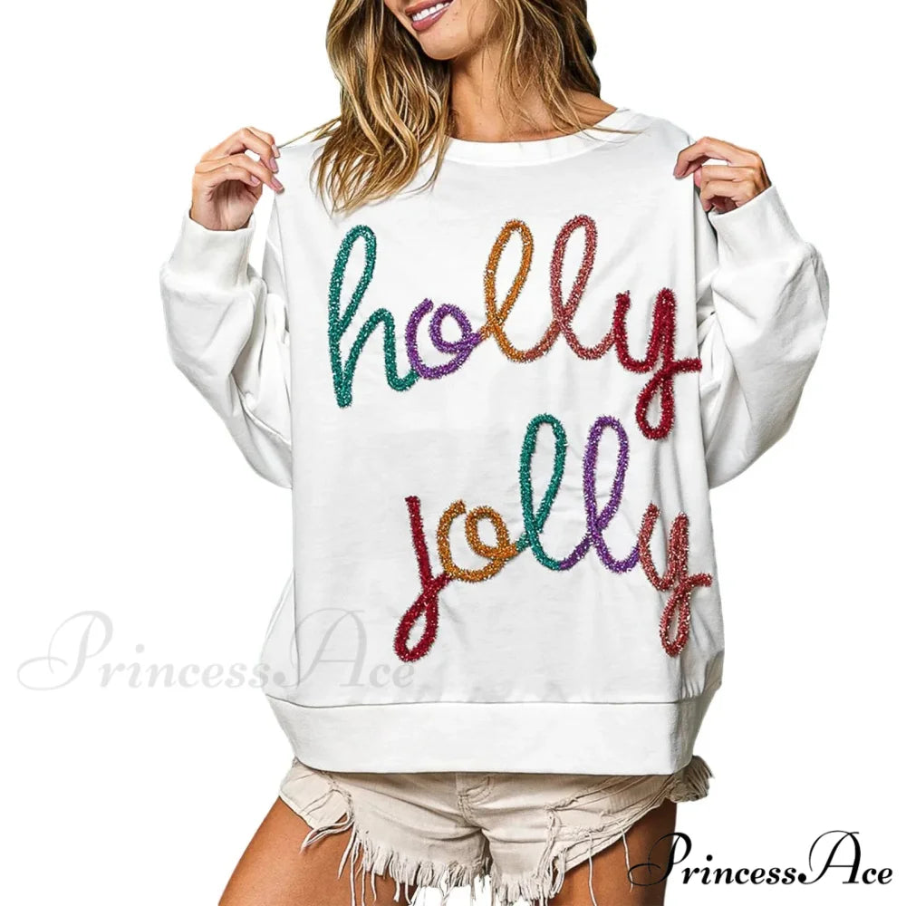 Fall Sequin Letter Pattern Long Sleeve Round Neck Loose Christmas Hoodie WHITE / S Christmas Hoodies-L